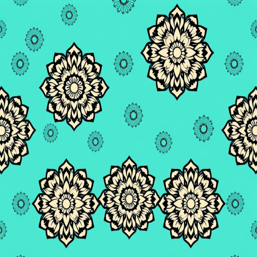 Create a seamless pattern of intricate floral mandalas in cream and black, set against a turquoise background, shot with a Canon EOS R5, 50mm lens, f/2.8 aperture, 1/125 second shutter speed, ISO 100, top-down view, high resolution for detailed texture and color clarity.