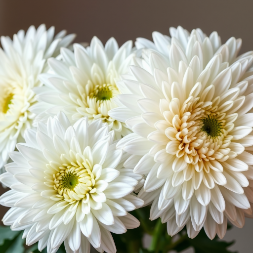 Create a high-resolution botanical illustration of white chrysanthemums with intricate details, using a macro lens at f/2.8, ISO 100, 1/200s, soft natural lighting, shot from a slightly elevated angle to capture the flowers' layers and textures, using a digital camera in a studio setting.