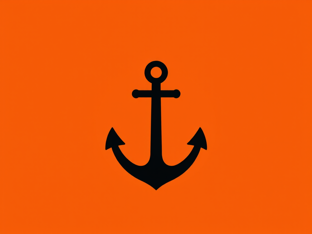 Create a high-resolution image of a simple black anchor icon centered on a vibrant orange circular background, with a clean minimalist design, using a DSLR camera, aperture f/4, shutter speed 1/200s, ISO 100, and a slight vignette effect for depth.