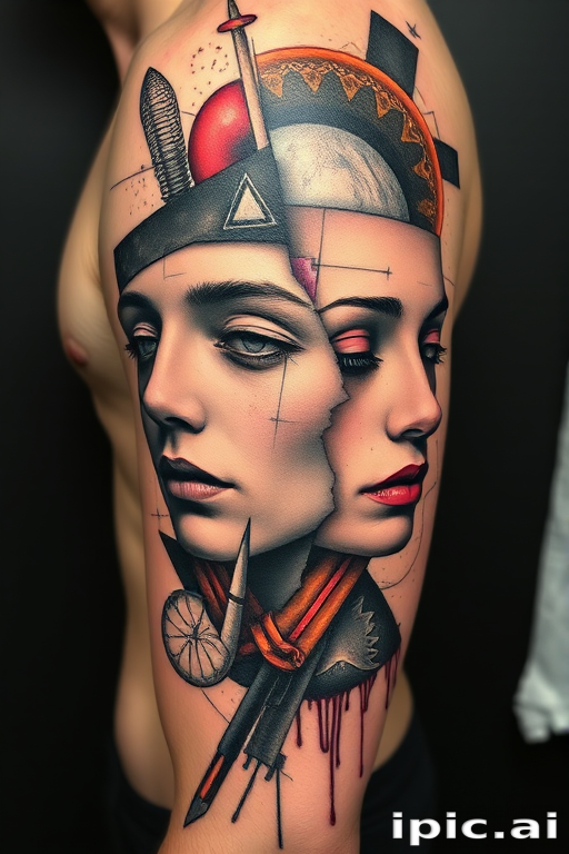 Avant-garde tattoo called "Fragmented Reality" blending abstract shapes, distorted portraits, and surreal elements in a collage-like composition, challenging traditional tattoo conventions with its experimental approach