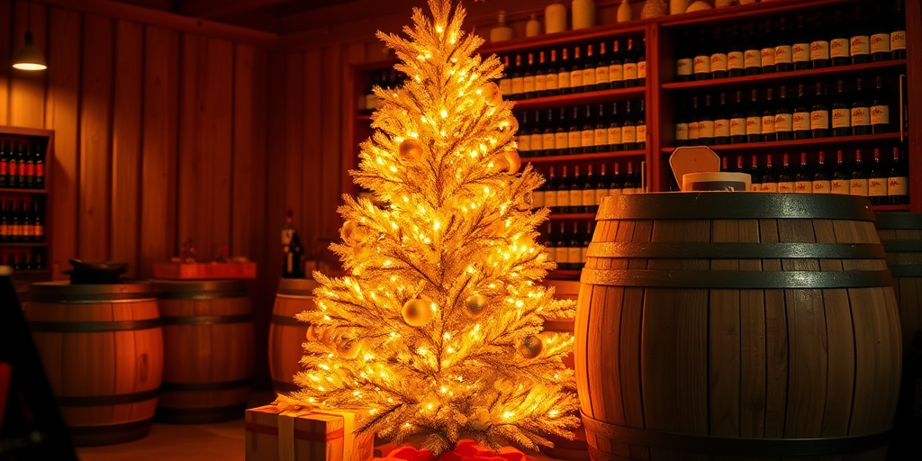 Create an image of a cozy rustic setting featuring a golden-orange Christmas tree adorned with soft glowing lights. The tree is placed next to two large wooden barrels, with a warm wooden interior background filled with wine bottles on shelves. The atmosphere should evoke a sense of warmth and festive cheer.