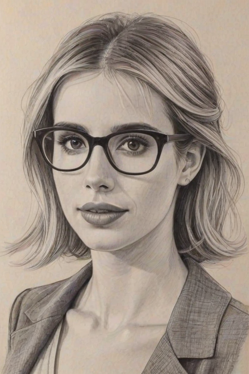 Elegant Emma Roberts, pencil sketch, portrait of Pleasing woman 1977s in glasses, hair style beatnik, outline, clear lines, fine lines, 8k