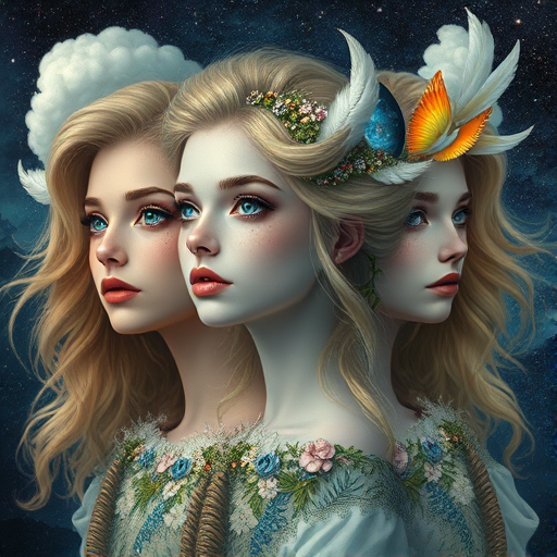 Create a series of imaginative portraits where each subject is infused with elements of fantasy and nature. The hair of the individuals should flow like clouds, varying from soft, fluffy cumulus to wispy cirrus strands, with hints of color reflecting a sunset or a clear blue sky. The eyes should be windows to entire galaxies, with stars, nebulae, and distant planets visible within them. Clothing should be adorned with nature motifs, such as floral patterns that bloom and change, vines that seem to grow and wrap around, or feathers that shimmer with iridescence. Each portrait should capture a unique personality, blending human features with the ethereal beauty of the natural and cosmic world. The backgrounds can vary, from starry night skies to enchanted forests, adding depth and context to the magical realism of the portraits