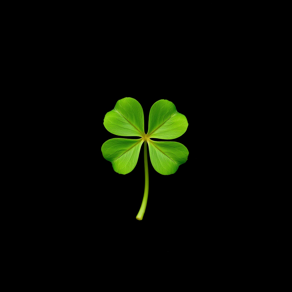 Create an image of a green four-leaf clover on a black background, using a DSLR camera with a 50mm lens, aperture set to f/2.8, ISO 100, and a shallow depth of field for a soft background blur, shot from a top-down view.
