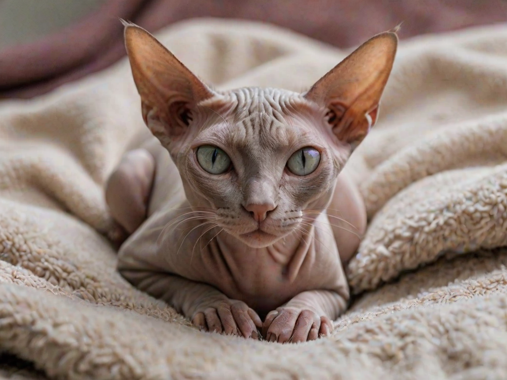 A close-up photograph of a beautiful sphinx cat lounging comfortably on a plush blanket, its skin shimmering under soft, natural light, highlighting the delicate details of its fur-free body and expressive eyes