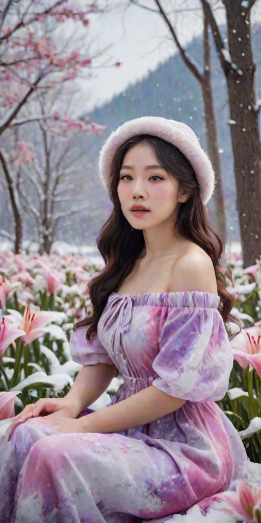 This image shows a young korean woman seated in a surreal, snowy landscape surrounded by vibrant pink and white lilies. She wears an off-shoulder pink and purple tie-dye dress with butterfly motifs, paired with a fluffy winter hat. Her dark wavy hair has lighter tips, complementing the dreamy, ethereal vibe of the scene. Snowflakes fall gently around her, contrasting with the blooming flowers, creating a magical blend of winter and spring