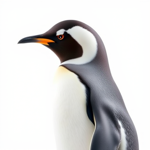 Generate a high-resolution image of a penguin, side view, with a clean white background, using a DSLR camera at f/8 aperture, ISO 100, 50mm lens, natural lighting to enhance clarity and detail.