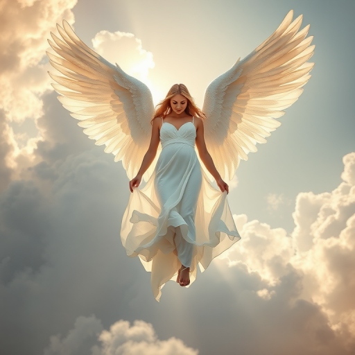 Create a serene and ethereal image of an angelic figure with large, detailed wings, wearing a flowing white gown, gracefully descending amidst a backdrop of dramatic clouds and soft sunlight, using a Canon EOS R5, f/2.8 aperture, ISO 100, 50mm lens, shot in portrait mode for enhanced depth of field and clarity.
