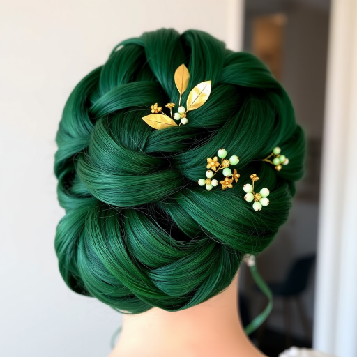 Regal Emerald Green Updo styled into an intricate braided bun, adorned with delicate gold leaf accents and tiny emerald-hued flowers for a majestic appearance