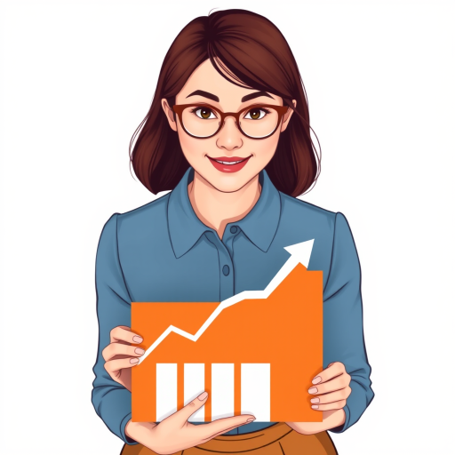 generate an illustration of a professional woman holding an orange presentation board with an upward graph, ensure she has glasses and a confident expression, use a bright color palette, render in high resolution with a focus on clean lines and vibrant details, use a DSLR camera with a 50mm lens at f/1.8 for a sharp focus and blurred background, top-down view for a dynamic perspective.