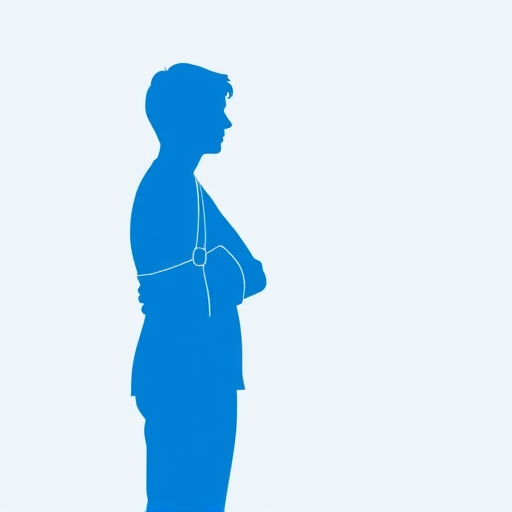 Create an illustration of a simple blue silhouette of a person with an arm in a sling, shot in high resolution with a 50mm lens, f/1.8 aperture, 1/125 shutter speed, and natural lighting for enhanced quality.