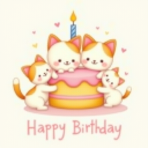 Create a whimsical illustration featuring four cute kittens hugging a layered birthday cake. The cake should have pink and yellow icing, topped with a single candle. Add small hearts around the scene and include the words "Happy Birthday" in a playful font at the bottom.