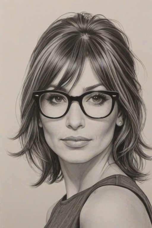 Appealing Gina Gershon, pencil sketch, portrait of Sublime woman 1966s in glasses, hair style beatnik, outline, clear lines, fine lines, 8k
