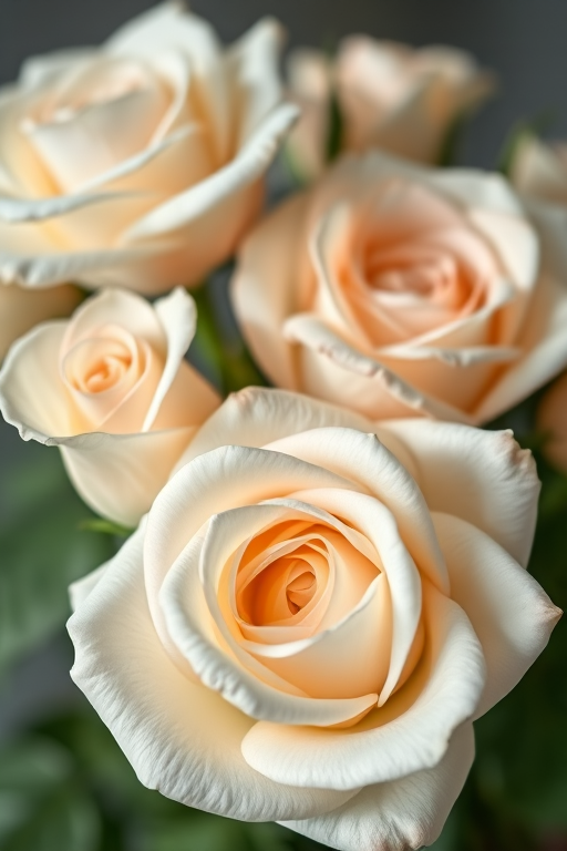 close-up of white roses and cream roses in full bloom, soft natural lighting, shallow depth of field, f/2.8 aperture, 50mm lens, DSLR camera, vibrant color saturation, high-resolution imaging, macro photography style