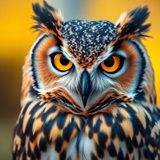 Capture a close-up portrait of a vibrant owl with intricate feather details and striking yellow eyes, using a DSLR camera at 50mm focal length, aperture f/1.8, ISO 100, and a shallow depth of field for a blurred background.
