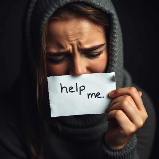 crying woman holding a note which says "help me"