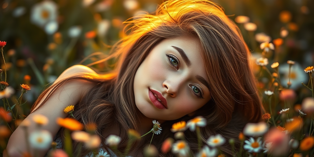 portrait of a young woman lying in a field of flowers with a serene expression, golden hour lighting, shallow depth of field, 85mm lens, f/1.8 aperture, ISO 200, soft focus background, natural colors.