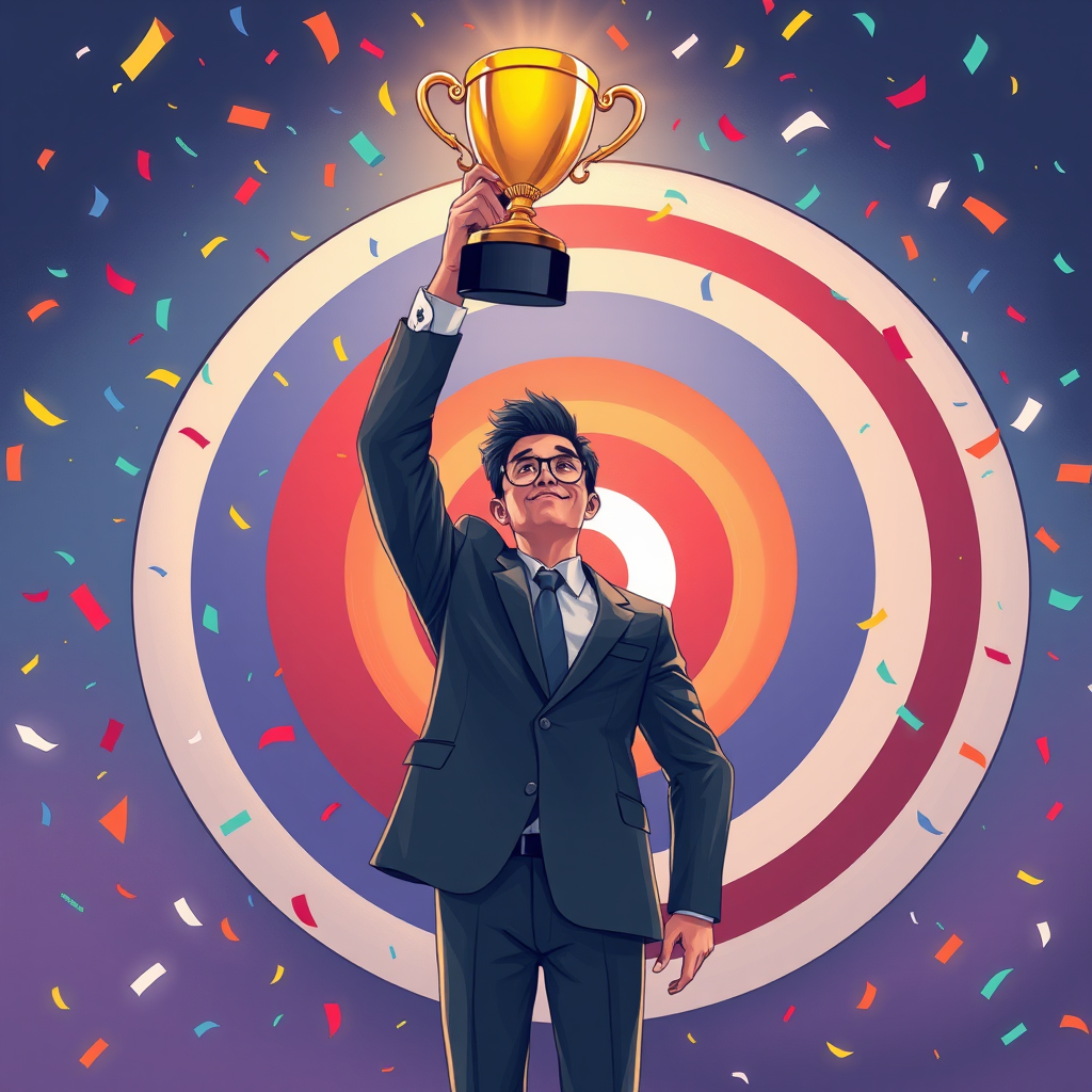 Create an illustration of a businessperson in a suit holding a trophy above their head while standing in front of a large bullseye target, with colorful confetti falling around, captured in a vibrant and dynamic digital art style, using a Canon EOS R5 camera at f/2.8, with a 24-70mm lens, and a focal length of 35mm for a sharp focus and rich colors.