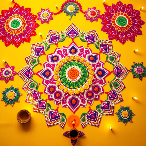 Create a vibrant Diwali celebration image featuring intricate colorful rangoli designs, decorative oil lamps, and a bright yellow background, capturing the essence of the Festival of Lights with a Canon EOS R5, 50mm lens, f/1.8 aperture, and a soft-focus style to enhance color contrast and detail.
