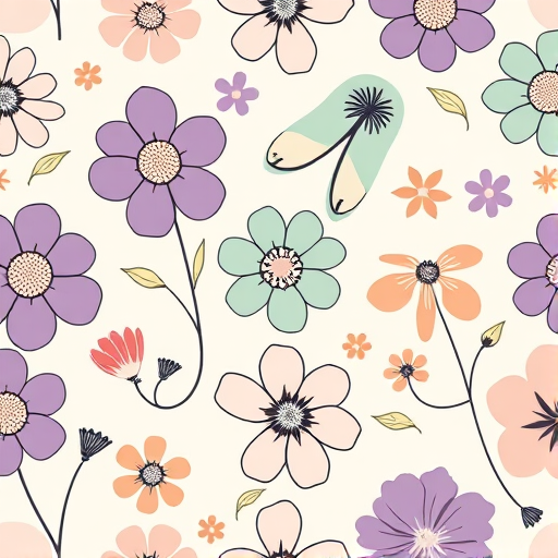 Create a seamless pattern featuring various stylized flowers in soft pastel colors such as purple blue green pink and orange with thin black outlines on a light beige background