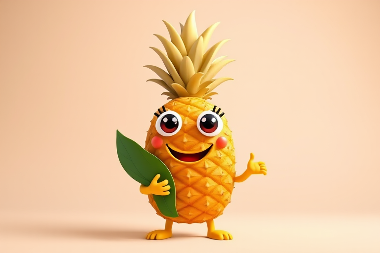 Create a 3D cartoon character of a smiling pineapple with big eyes and cute arms holding a leaf, set against a soft gradient background, using a DSLR camera with a 50mm lens, f/1.8 aperture, ISO 100, and 1/125 sec shutter speed for enhanced image quality.