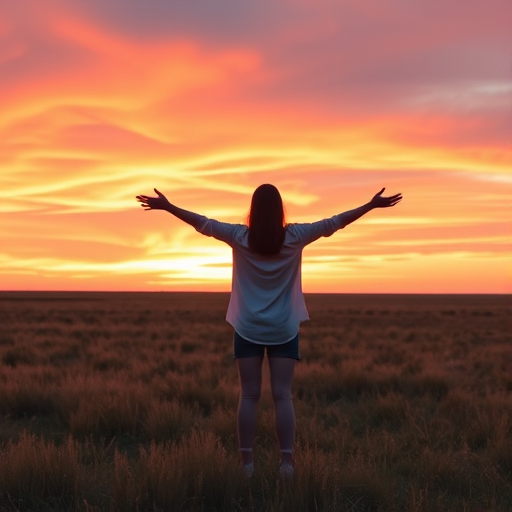 Sunset over an open prairie, the sky painted with hues of orange and pink, a woman stands alone on the grassland, her arms outstretched as if to embrace the vastness around her.