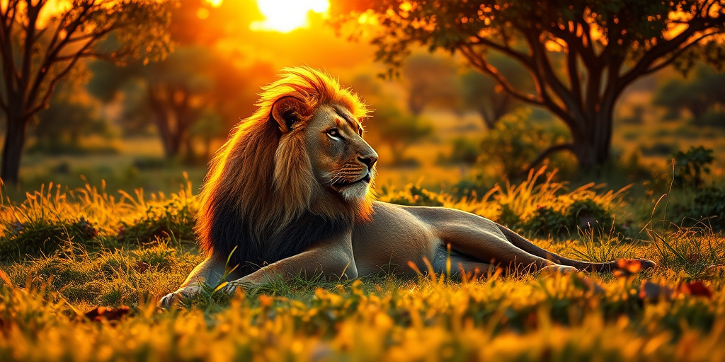 generate a detailed illustration of a majestic lion resting in a lush green savannah during golden hour with vibrant sunlight filtering through the trees, using a DSLR camera with 50mm lens, aperture set to f/2.8, ISO 100, taken from a low angle for a dramatic effect and capturing rich colors and textures.