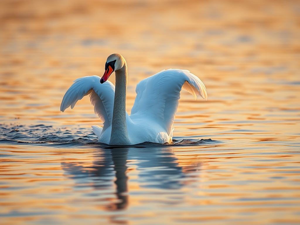 A graceful swan with wings spread, gliding through calm water at sunset, golden light reflecting on the surface, shot with a Canon EOS 5D Mark IV, 50mm lens, f/2.8, ISO 100, 1/200s, shallow depth of field, natural lighting, capturing serene and vibrant colors.