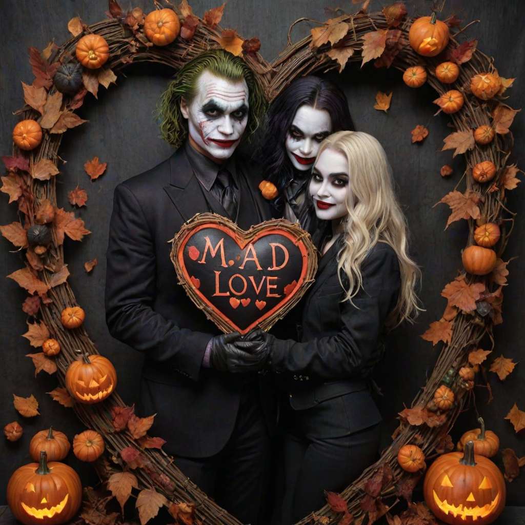 The Joker, neat, wearing a black suit and a beautiful Harley Quinn with long hair, both romantic, hugging and cuddling in the middle of a neon linen black heart frame decorated with dead leaves, bats, and small pumpkins, with a label at the bottom that reads 'Mad Love' made of linen, in a photo realistic style.