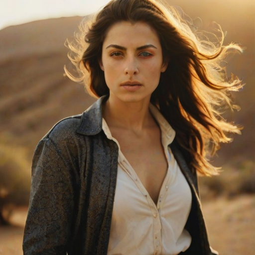 Dramatic photo of a beautiful Druze woman, classic cowboy attire, confident and free spirit expression, half-length portrait, centered, golden hour desert landscape, warm, diffused light, low angle, medium format film camera, in style of Annie Leibovitz.