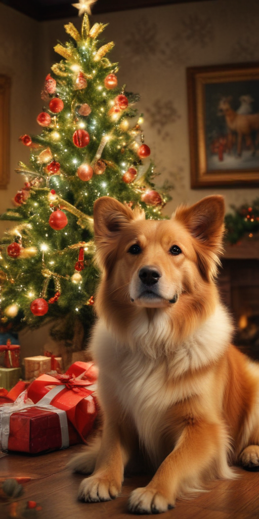 Joyful Golden Dog Sitting Proudly by a Beautifully Decorated Christmas Tree