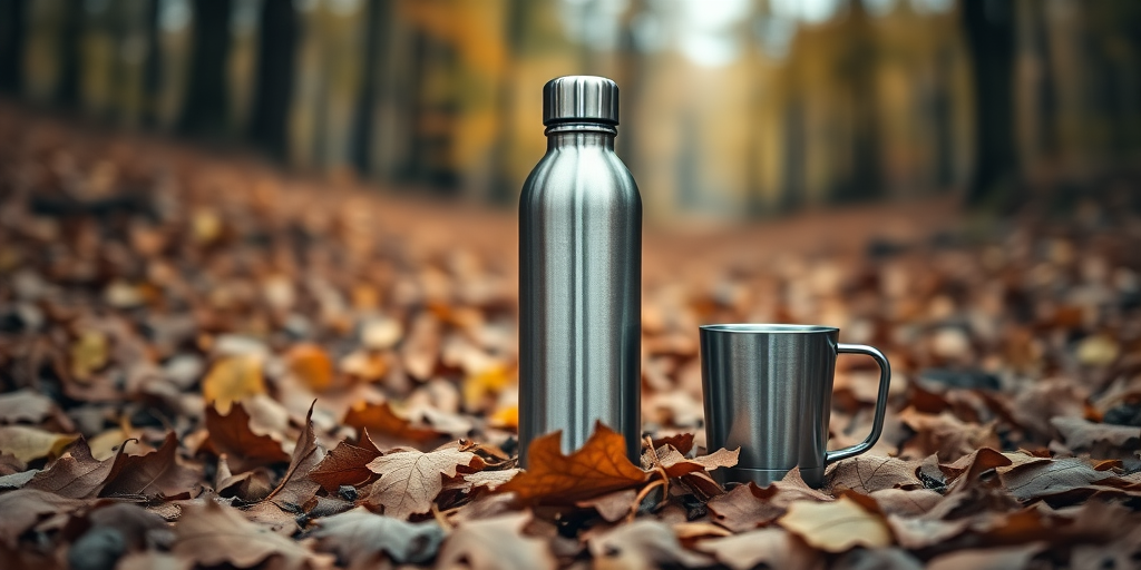 capture a stainless steel water bottle and a metal cup on a bed of autumn leaves in a forest setting, shallow depth of field, natural lighting, f/2.8 aperture, ISO 100, 50mm lens, DSLR camera, focus on the bottle and cup, softly blurred background