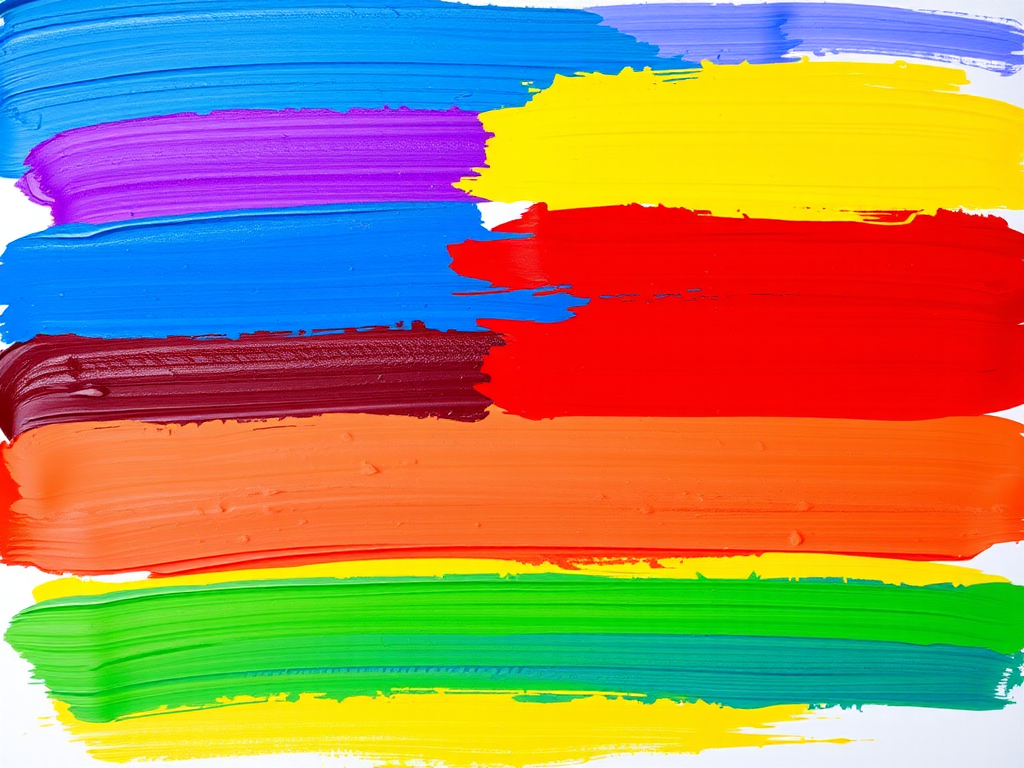 Create a vibrant rainbow flag painted with bold brush strokes, taken with a DSLR camera at f/2.8 aperture, ISO 100, 50mm lens, natural light, shallow depth of field, and a top-down view.