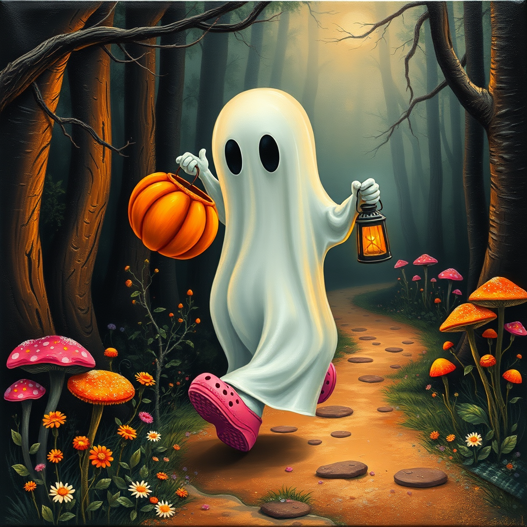 whimsical acrylic and oil painting, 3D, of a ghost, walking and carrying an orange pumpkin bucket and a lantern in the other hand, with bright pink croc shoes, background path in the enchanted forest, wildflowers, colorful mushrooms misty hues of black and orange with bright gold glitter, ultra detailed..Inspired by a prompt from another group