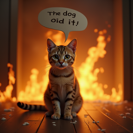 Photorealistic image of an innocent-looking cat sitting calmly in the middle of a burning room. Flames engulf the room, with fire licking up the walls and smoke filling the air. The cat is sitting on the floor, looking directly at the viewer with wide, innocent eyes. Above the cat, a speech bubble says "The dog did it". The contrast between the cat's calm demeanor and the chaos around it creates a humorous and surreal scene.
