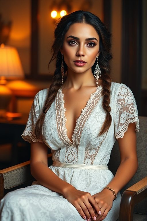 Create a portrait of a refined and elegant Aztec woman seated in a sophisticated setting. She has long, wavy hair styled in two thick braids that are pulled over her shoulders. She wears a white, lace gown with intricate patterns, featuring a deep V-neckline and short sleeves. The dress exudes a vintage charm with its delicate lacework. She is adorned with ornate, dangling earrings that add a touch of glamour to her appearance. The background is softly lit, with warm, ambient lighting that creates a cozy and inviting atmosphere. Her expression is poised and serene, capturing a sense of grace and elegance.