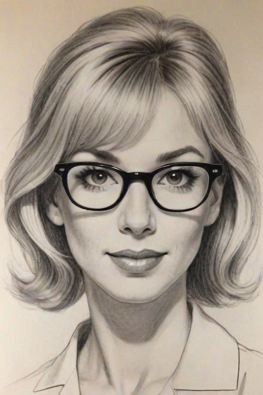 Pleasing Debbie Gibson, pencil sketch, portrait of Beauteous woman 1957s in glasses, hair style beatnik, outline, clear lines, fine lines, 8k