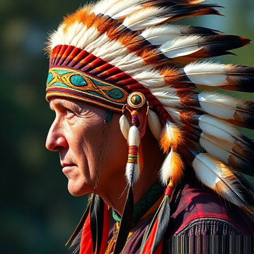 Create a high-resolution side profile illustration of a Native American man wearing a traditional feathered headdress, captured with a DSLR camera at f/8 aperture, 50mm focal length, 1/125 shutter speed, in natural lighting, with a focus on vibrant colors and intricate details of the headdress.