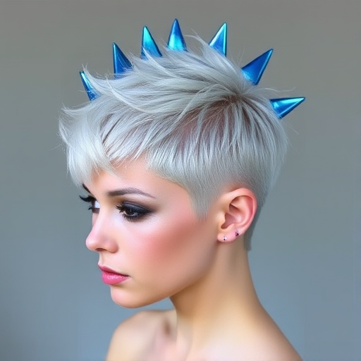 Striking silver pixie cut with textured spikes and metallic blue tips, creating an avant-garde alien-inspired look called Lunar Punk