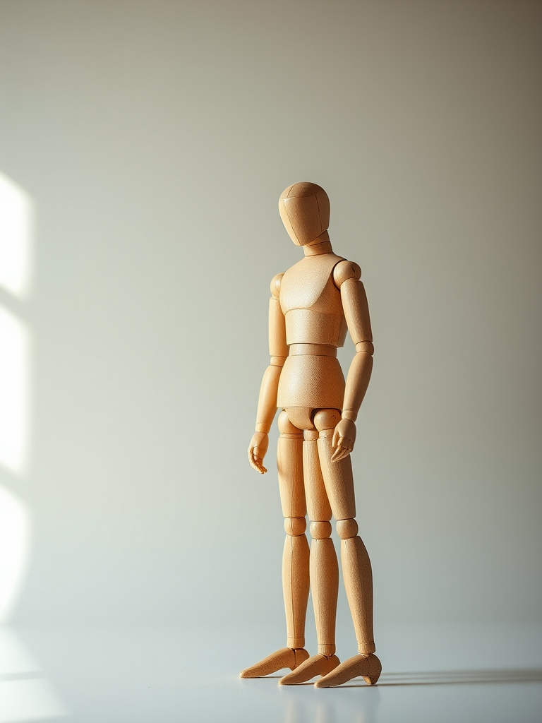 Create a high-resolution image of two wooden mannequins standing in a minimalist studio setting, using a DSLR camera with a 50mm lens, aperture set to f/1.8, ISO 200, shutter speed 1/125s, natural lighting, and a shallow depth of field to enhance detail and focus on the mannequins while softly blurring the background.