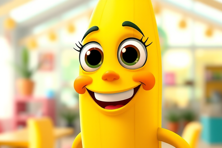 Create a high-resolution illustration of a cheerful cartoon banana character with large eyes and a big smile, captured in a bright and colorful setting, using a Canon EOS R5 camera with a 50mm lens, f/1.8 aperture, ISO 100, and a soft focus background to enhance image quality.