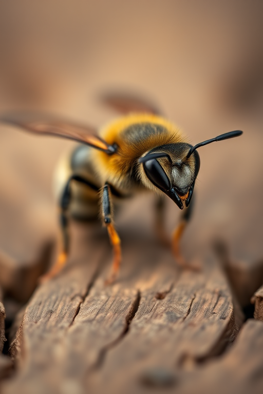macro photograph of a honeybee perched on a wooden surface, shallow depth of field, 100mm lens, f/2.8 aperture, ISO 100, 1/200 sec, natural lighting, close-up view, Canon EOS 5D Mark IV