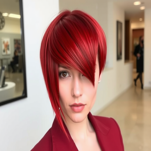 Fiery red asymmetrical bob with sharp angles, sleek and straight styling, featuring a dramatic side-swept fringe that adds intrigue and edginess