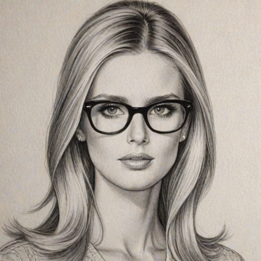 Gorgeous Nicky Hilton, pencil sketch, portrait of Gorgeous woman 1965s in glasses, hair style beatnik, outline, clear lines, fine lines, 8k