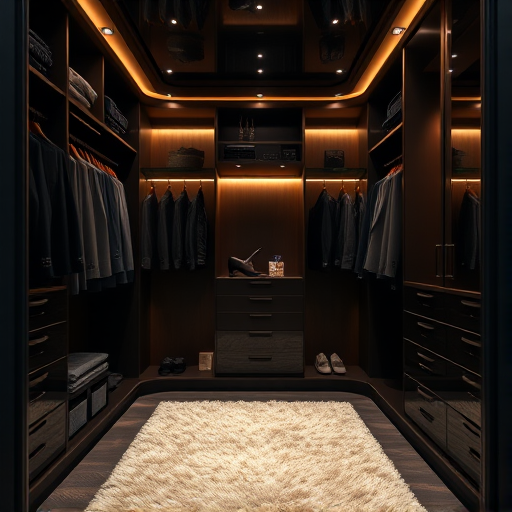 Create a high-quality image of a luxury walk-in closet with black and wooden design, featuring neatly arranged formal wear, warm ambient lighting, and a plush rug, shot with a Canon EOS R5 camera, 24mm lens, aperture f/2.8, ISO 100, and a low-angle perspective for depth.