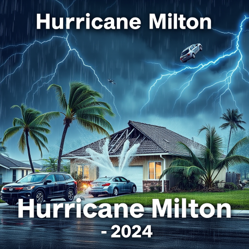 Hurricane Milton blows a roof off a home. Strong winds and rain blows sideways. Palm trees uprooted and bent over. Cars flying through the sky with debris. Sky is dark with thunder storms. Lightning strikes are fluorescent blue. Add text Hurricane Milton 2024