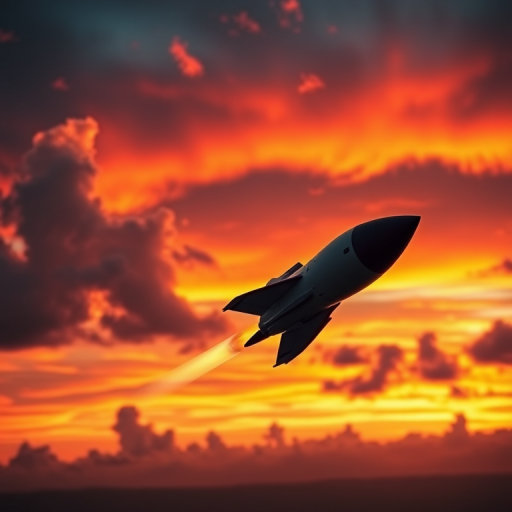 futuristic rocket flying through a dramatic sunset sky with vibrant colors and dynamic clouds, captured with a Canon EOS R5, 24mm lens, f/2.8 aperture, ISO 100, shutter speed 1/200s, using a wide-angle perspective for enhanced depth and clarity