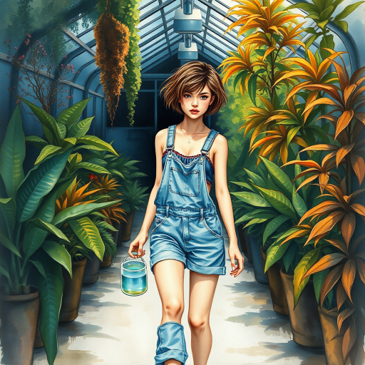 realistic water color painting. a young woman with gathered messy hair and dressed in a short denim overalls walks inside a dark greenhouse with tall and colorful plants and trees. He dries his sweat with his arm and holds a big watering hole in his hand