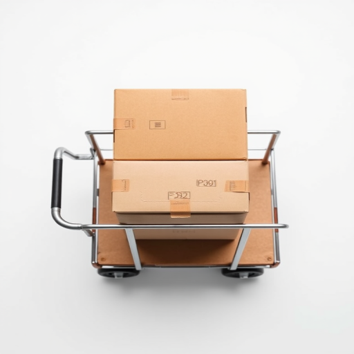 cart with three stacked boxes on a white background, taken with a DSLR camera, aperture f/8, shutter speed 1/125s, ISO 100, top-down view for clear visibility, enhanced with soft lighting for detail.