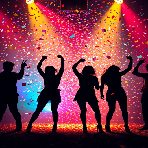 Create a vibrant party scene with four silhouetted dancers against a colorful, abstract background filled with confetti, using a DSLR camera with a 50mm lens, f/1.8 aperture, ISO 400, and a shallow depth of field to enhance image quality.